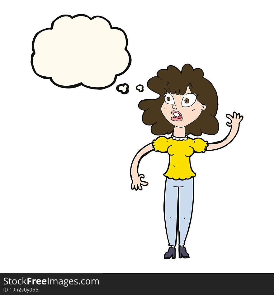 cartoon worried woman waving with thought bubble