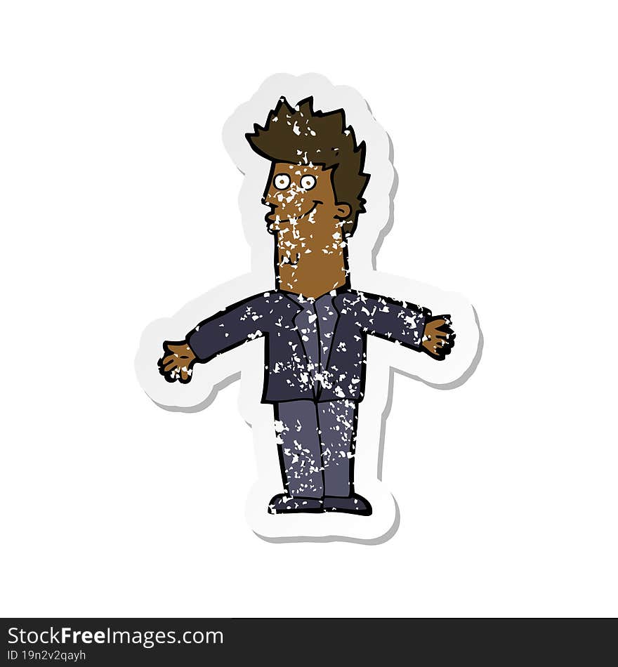 retro distressed sticker of a cartoon happy man with open arms