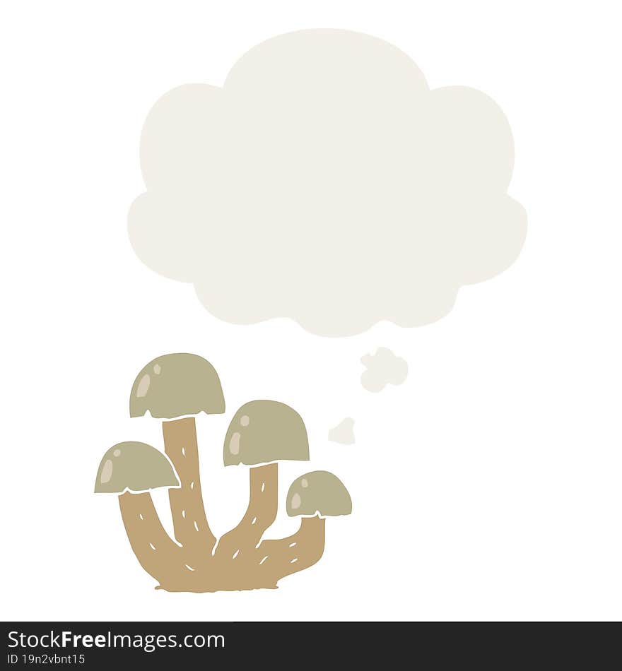 cartoon mushroom with thought bubble in retro style