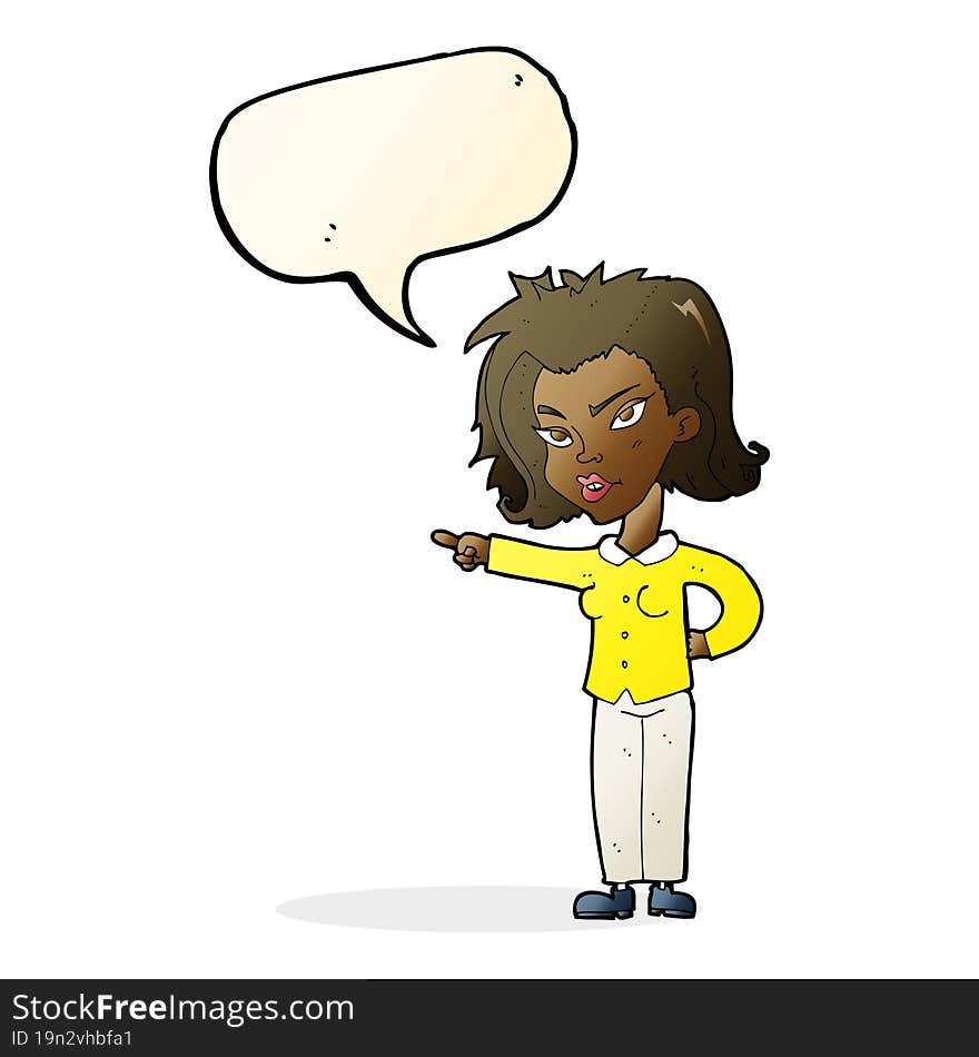 cartoon woman pointing with speech bubble