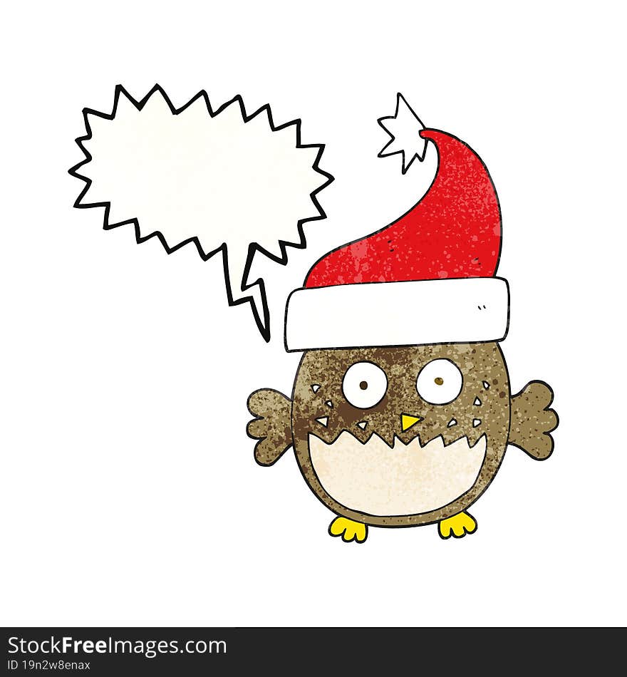 speech bubble textured cartoon owl wearing christmas hat