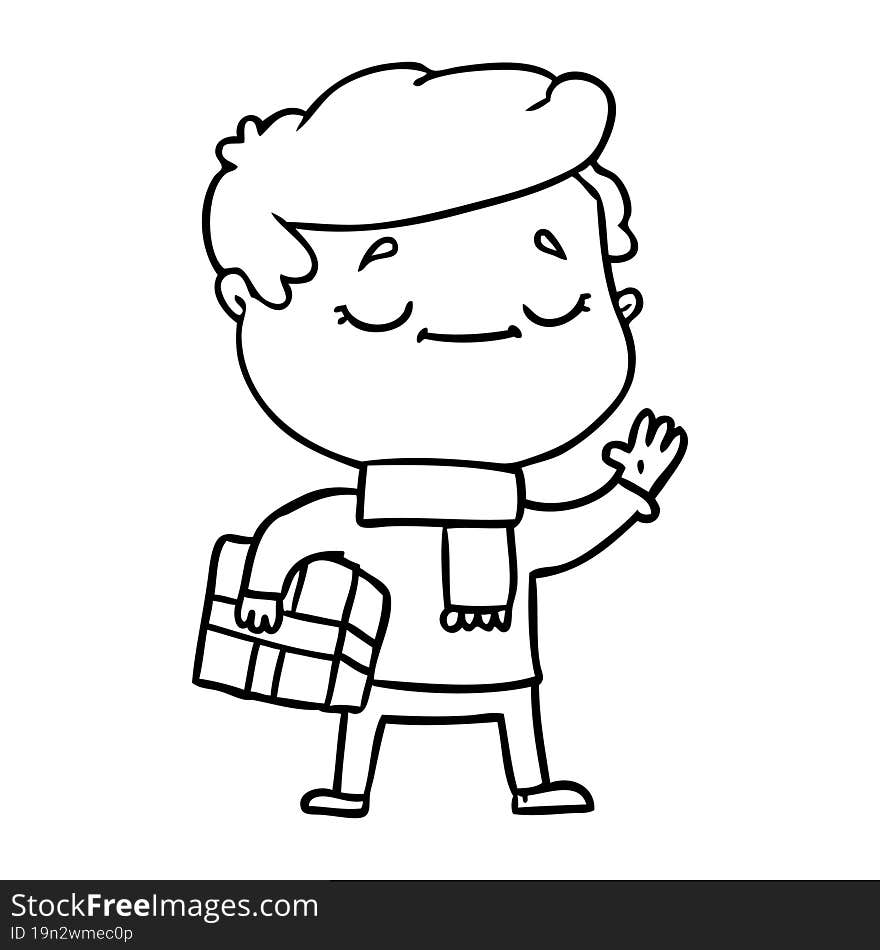 cartoon man carrying christmas present waving. cartoon man carrying christmas present waving