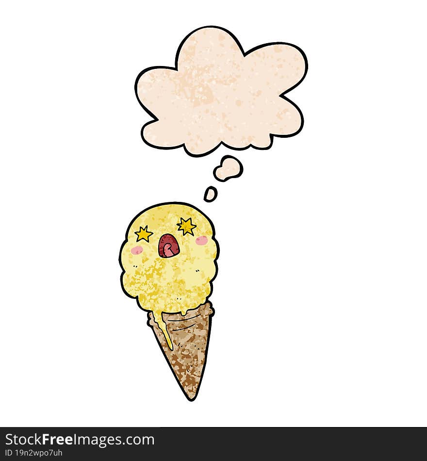 Cartoon Shocked Ice Cream And Thought Bubble In Grunge Texture Pattern Style