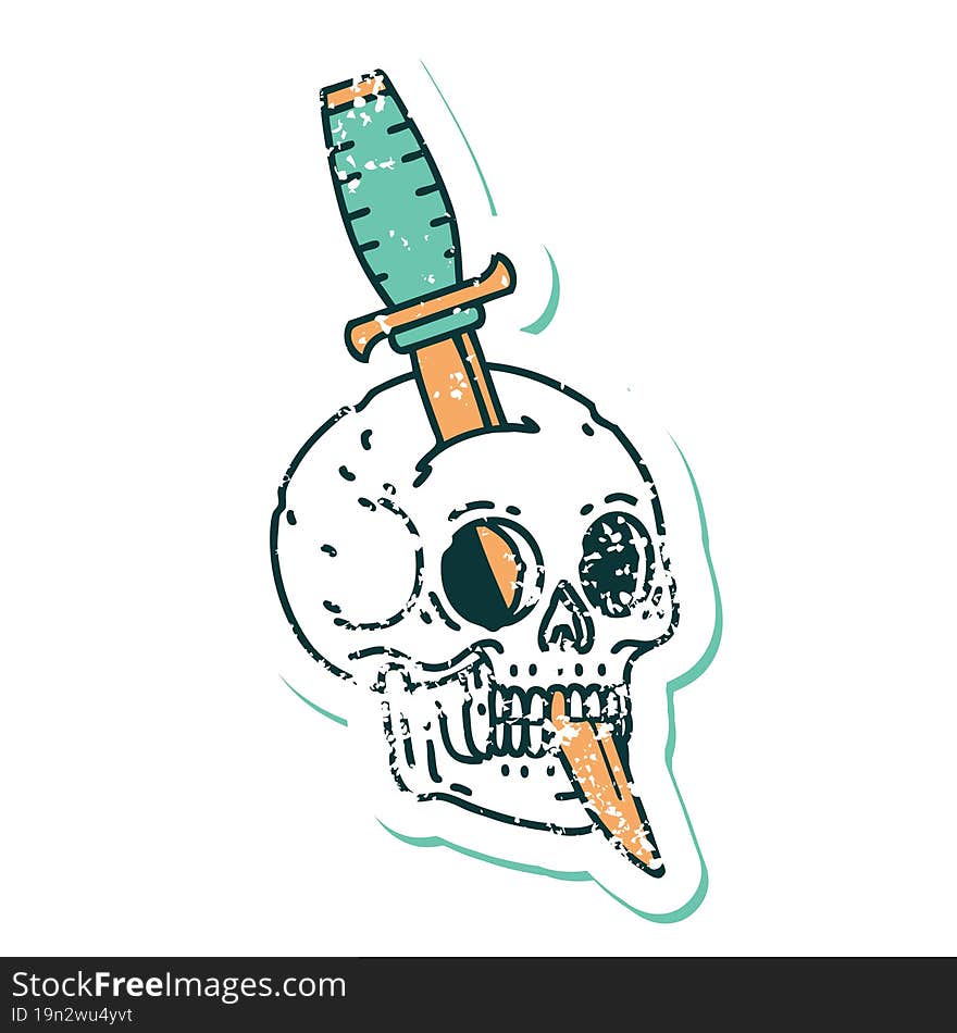 distressed sticker tattoo style icon of a skull and dagger