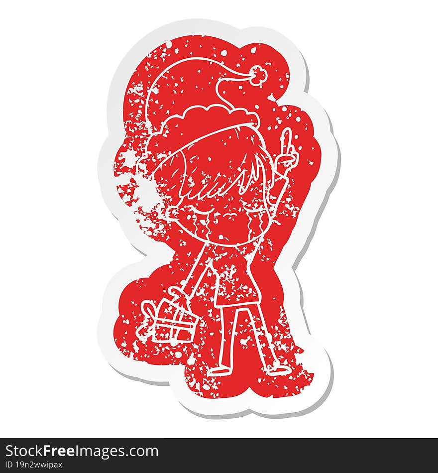 Cartoon Distressed Sticker Of A Woman Crying Wearing Santa Hat