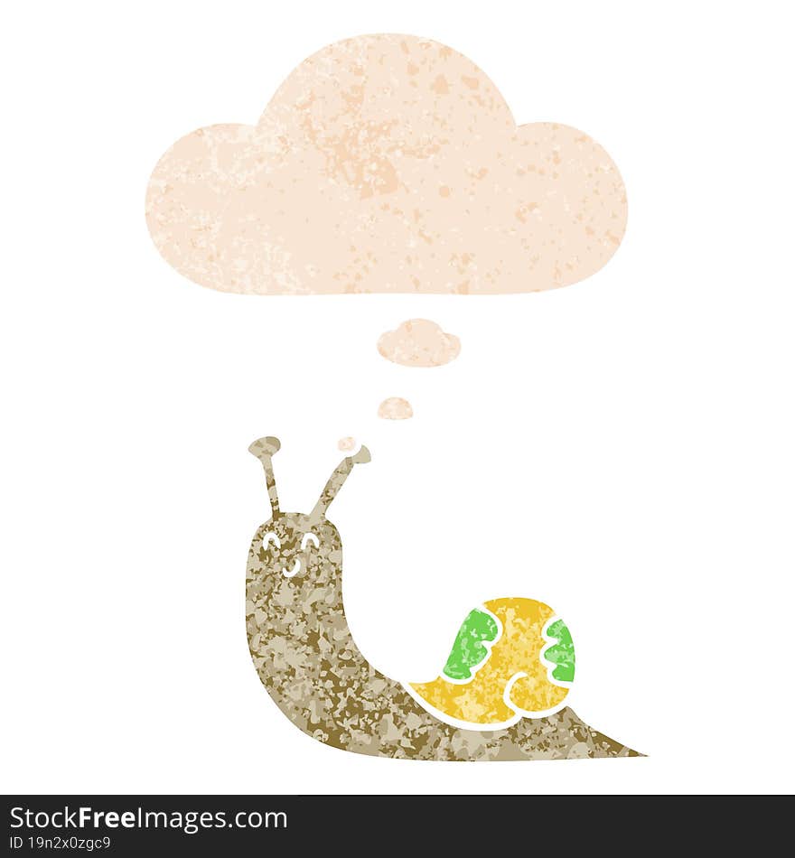 cute cartoon snail and thought bubble in retro textured style