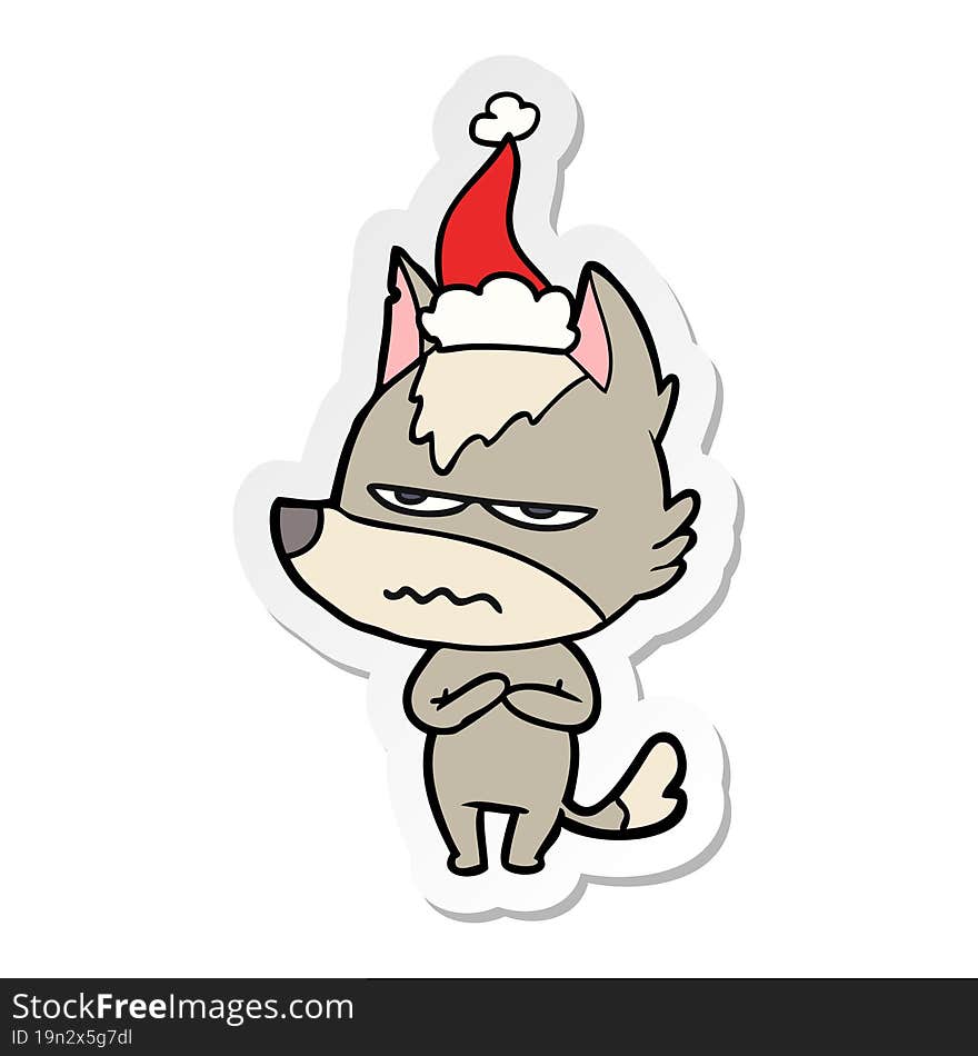 sticker cartoon of a annoyed wolf wearing santa hat