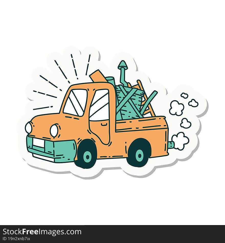 sticker of tattoo style truck carrying junk