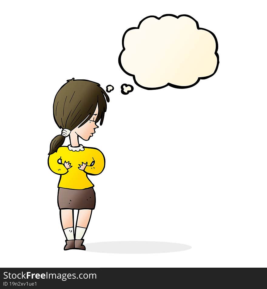 cartoon shy woman with thought bubble