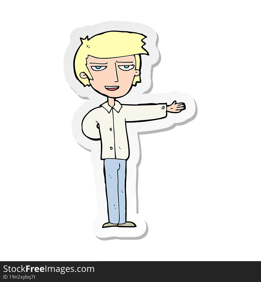 sticker of a cartoon man gesturing welcome