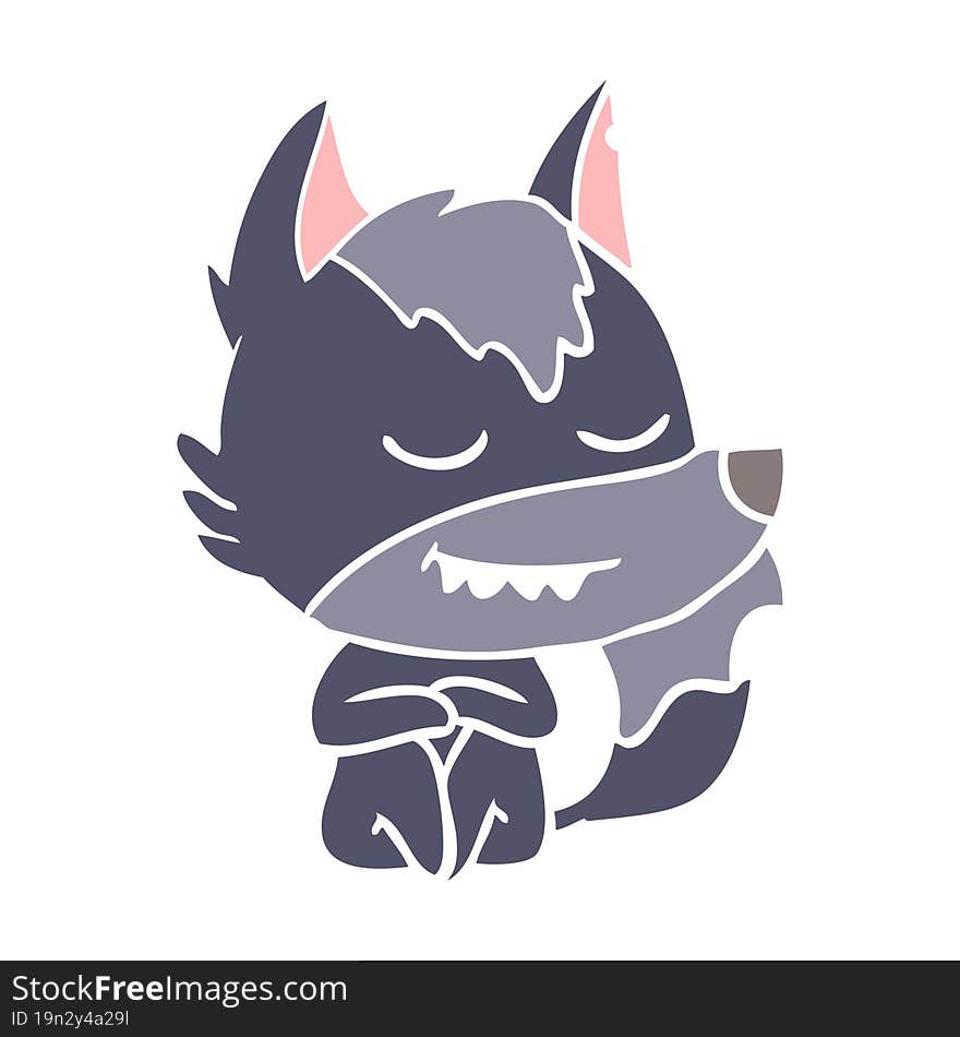 friendly flat color style cartoon wolf sitting