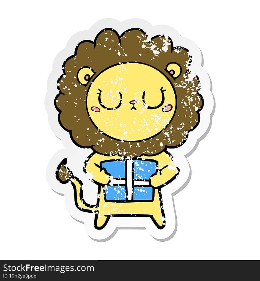 distressed sticker of a cartoon lion with christmas present