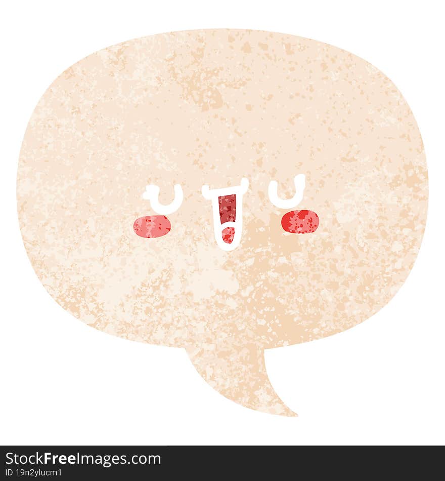 happy cartoon face with speech bubble in grunge distressed retro textured style. happy cartoon face with speech bubble in grunge distressed retro textured style