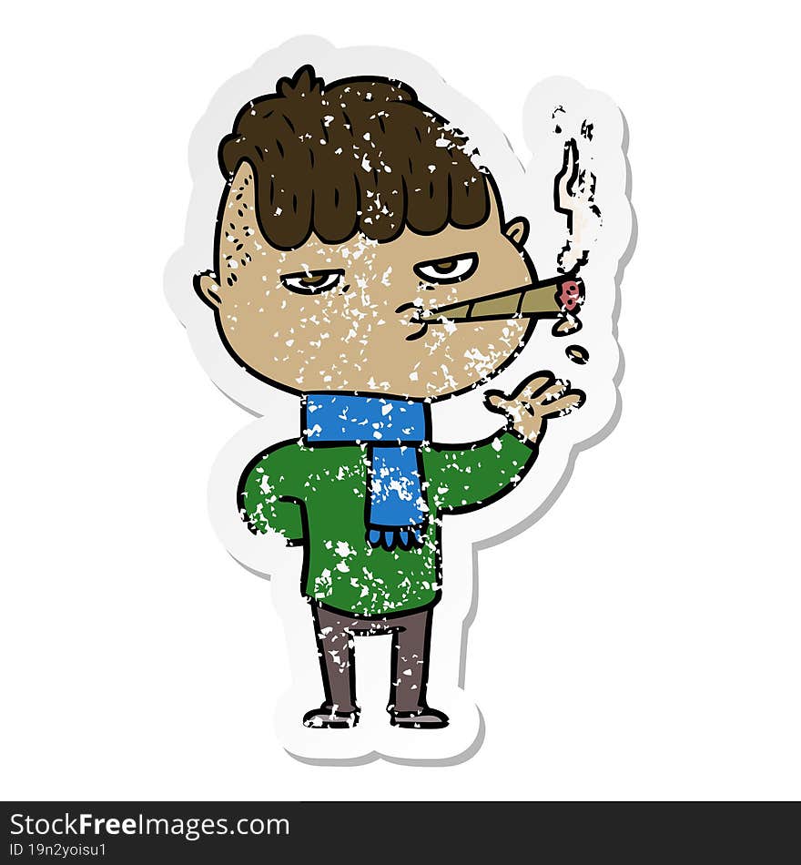 distressed sticker of a cartoon man smoking