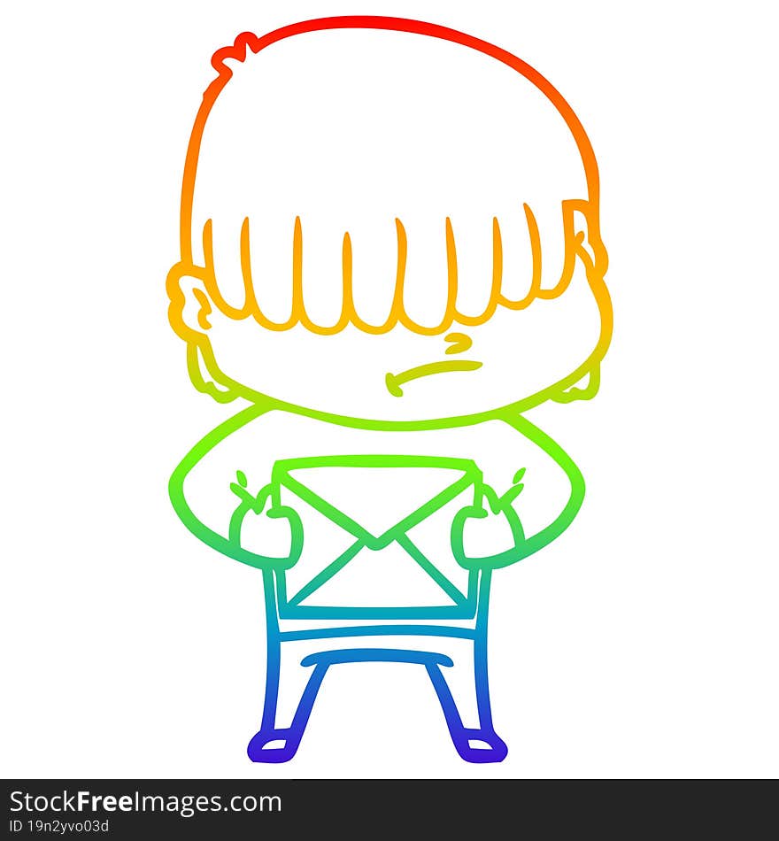 rainbow gradient line drawing of a cartoon boy with untidy hair