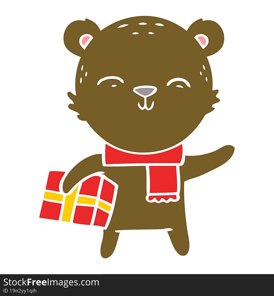 happy flat color style cartoon bear with present