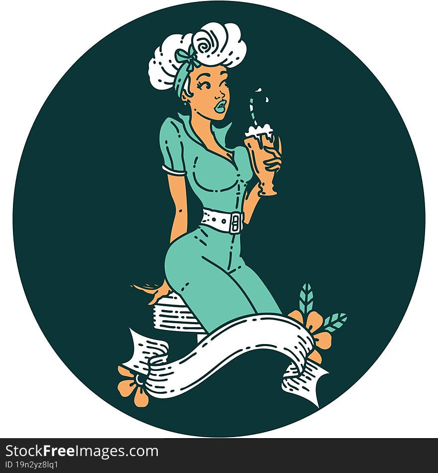 tattoo style icon of a pinup girl drinking a milkshake with banner