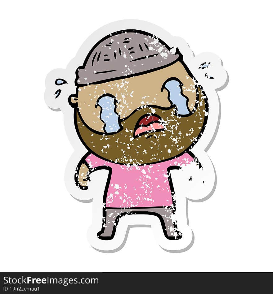 distressed sticker of a cartoon bearded man crying