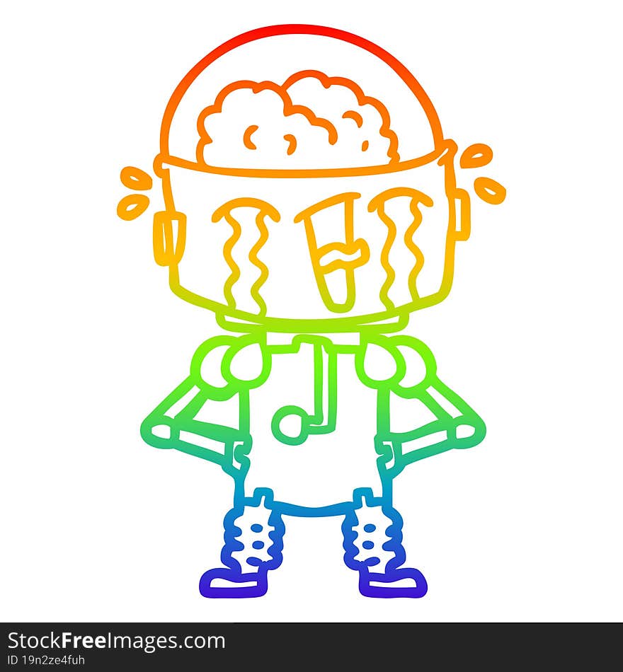 rainbow gradient line drawing cartoon crying robot