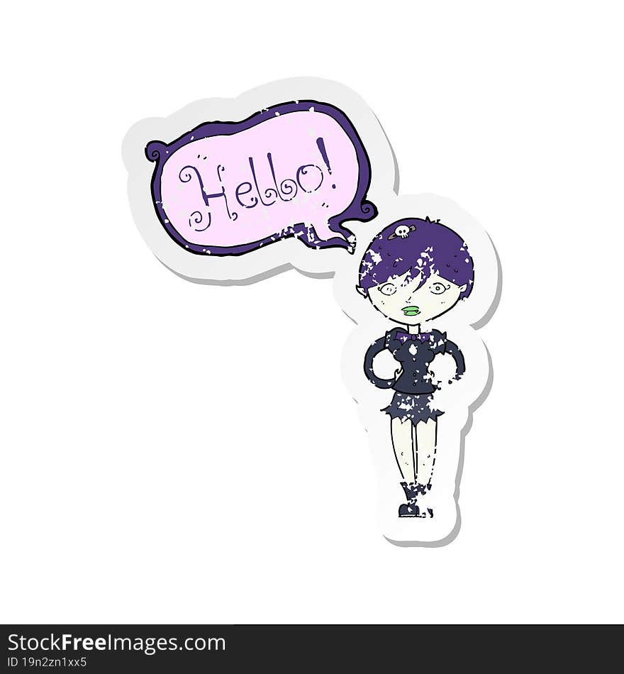 retro distressed sticker of a cartoon vampire saying hello