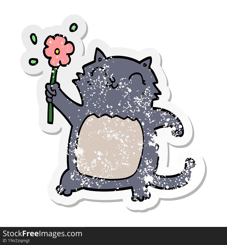 distressed sticker of a cartoon cat with flower