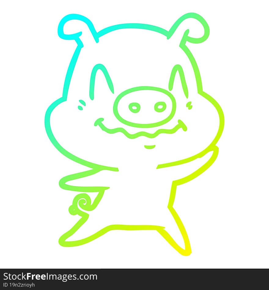 cold gradient line drawing of a nervous cartoon pig