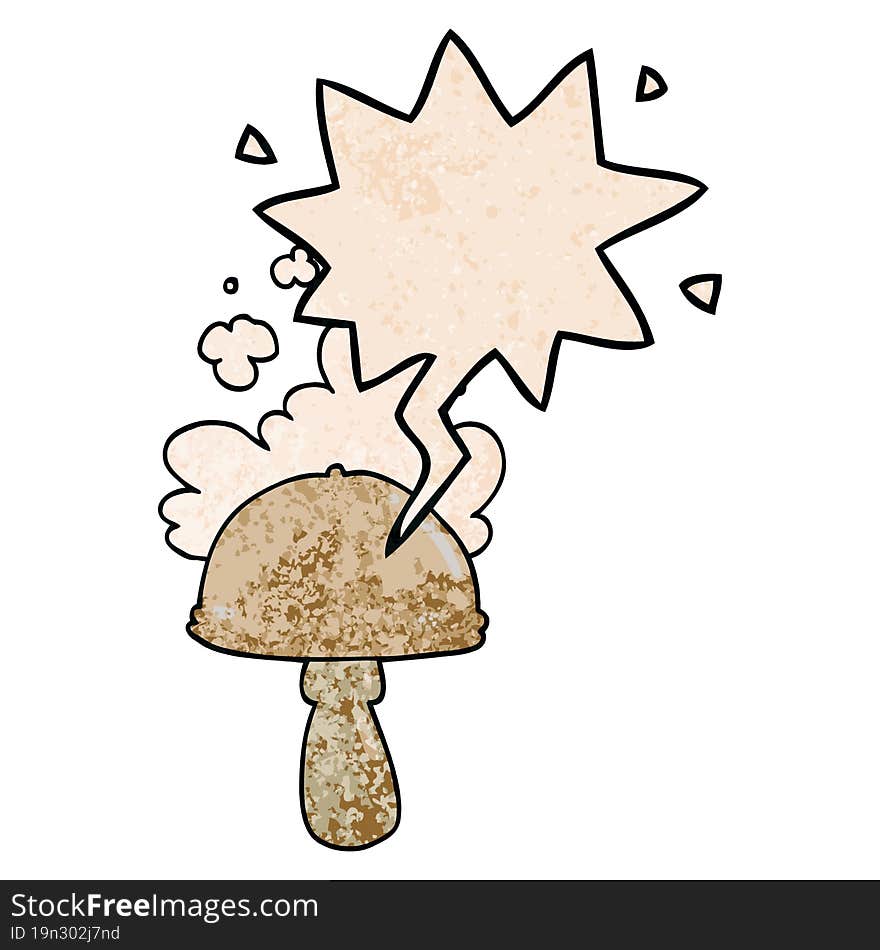 cartoon mushroom with spore cloud with speech bubble in retro texture style. cartoon mushroom with spore cloud with speech bubble in retro texture style