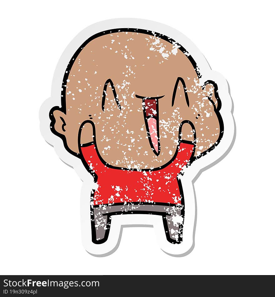 distressed sticker of a happy cartoon bald man