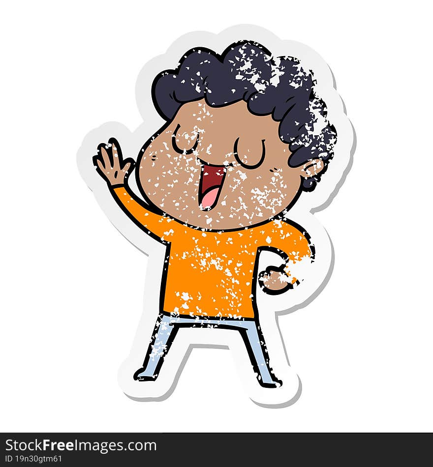 distressed sticker of a waving cartoon man