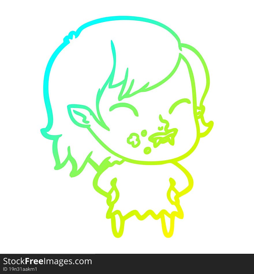 cold gradient line drawing cartoon vampire girl with blood on cheek