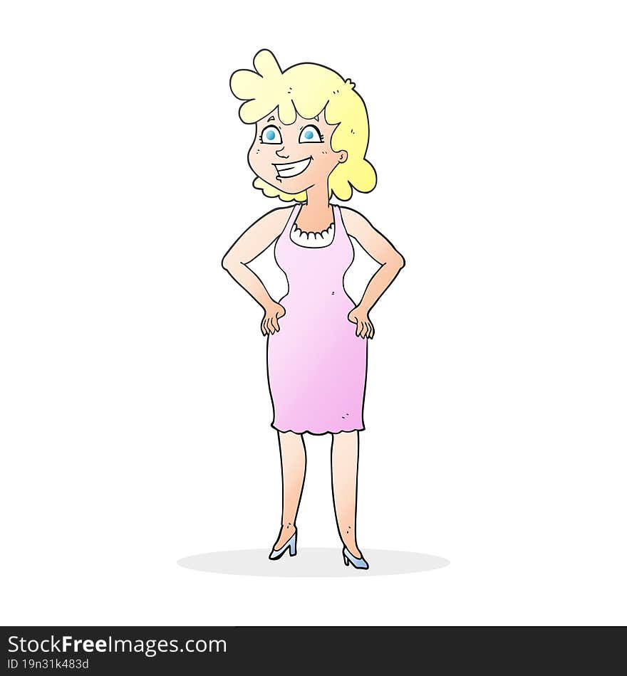 freehand drawn cartoon happy woman wearing dress