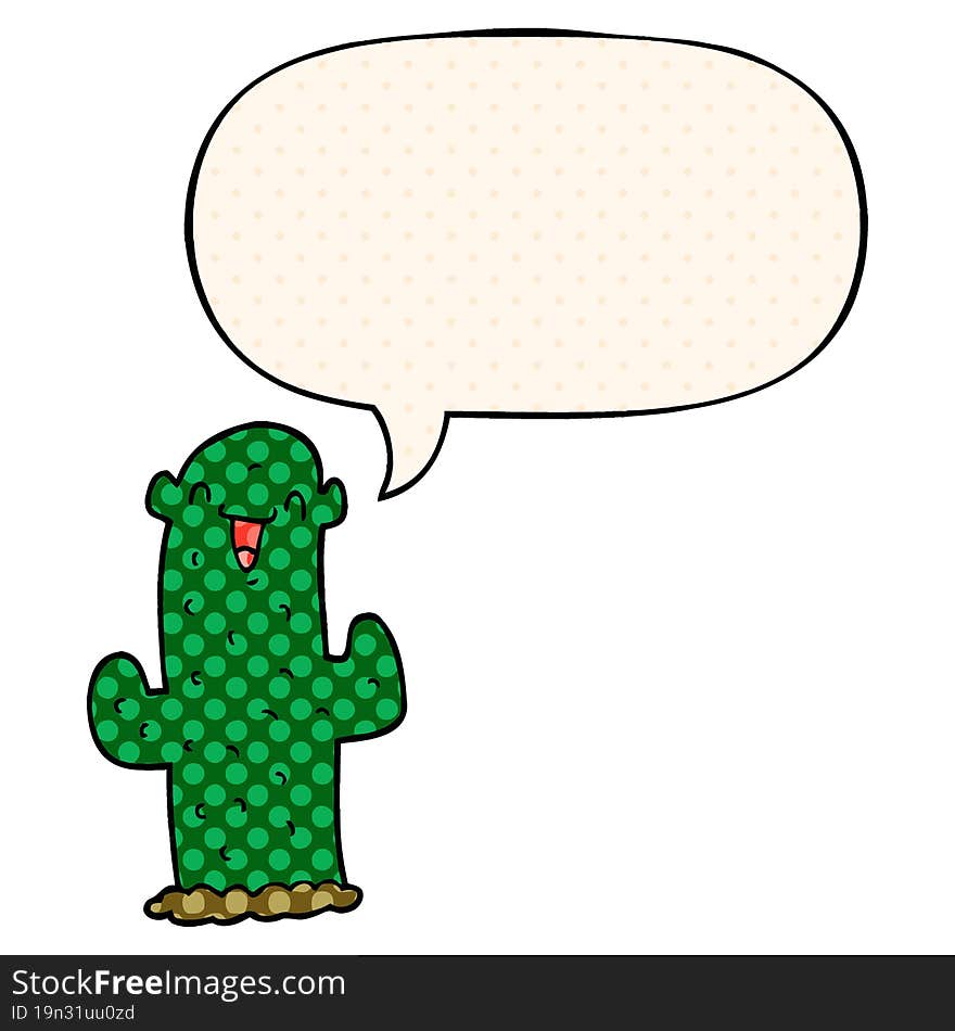 cartoon cactus and speech bubble in comic book style