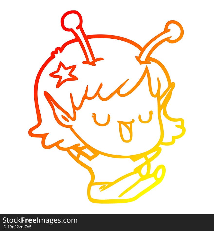 warm gradient line drawing of a happy alien girl cartoon laughing