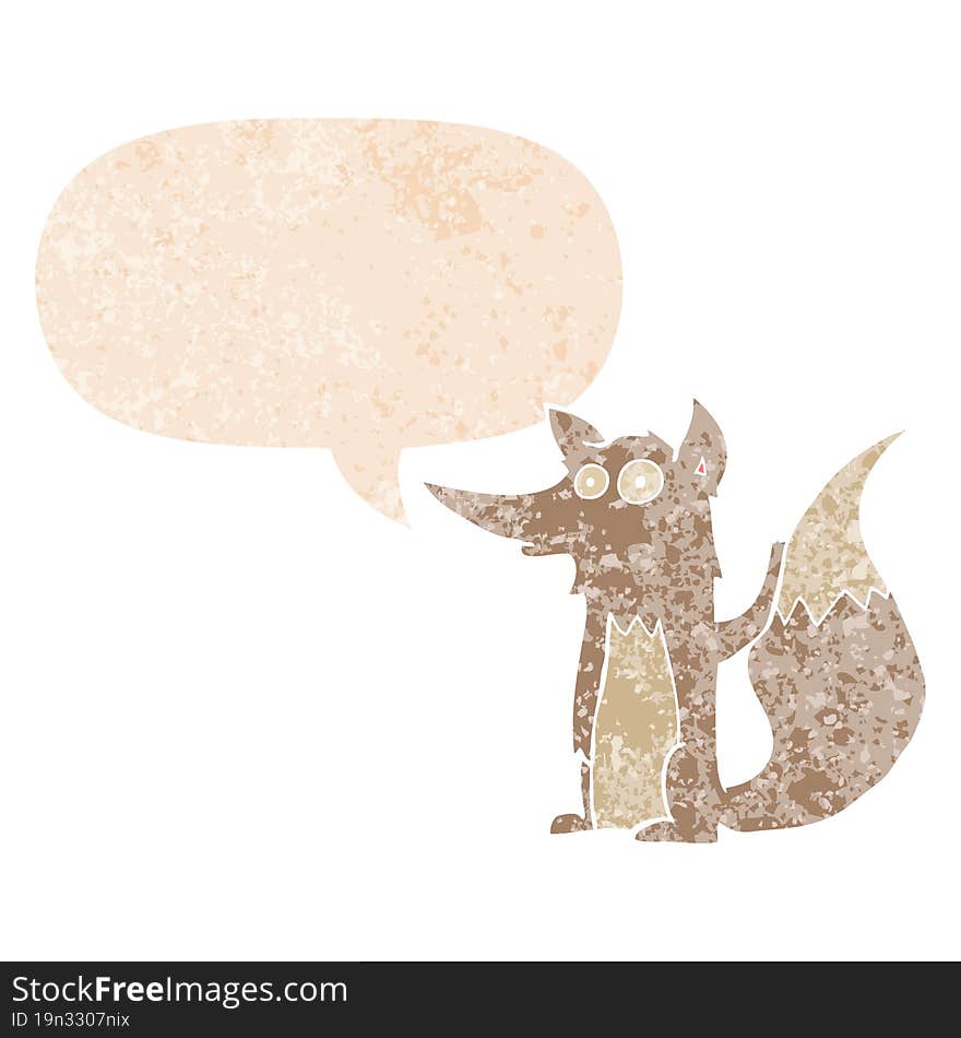 cartoon wolf and speech bubble in retro textured style