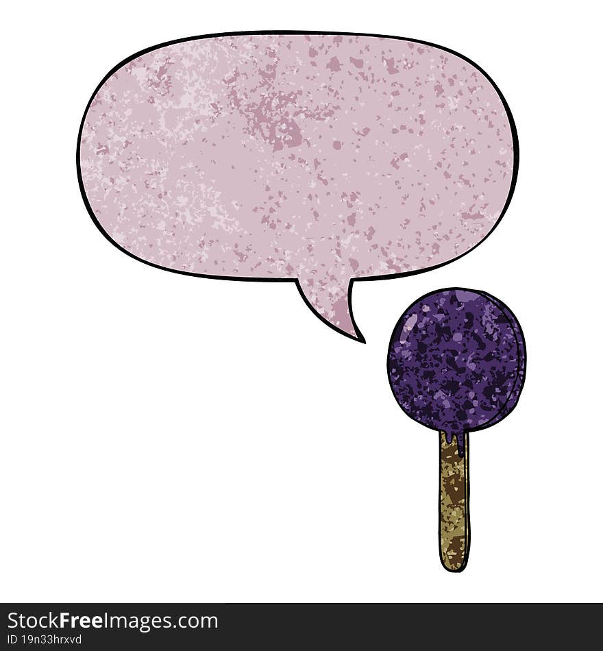 cartoon lollipop and speech bubble in retro texture style