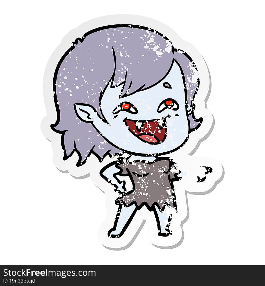 Distressed Sticker Of A Cartoon Laughing Vampire Girl