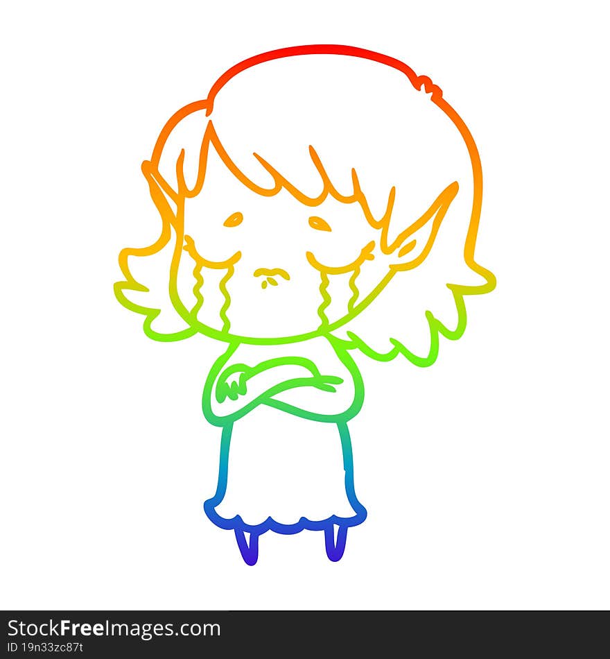 rainbow gradient line drawing cartoon crying elf girl