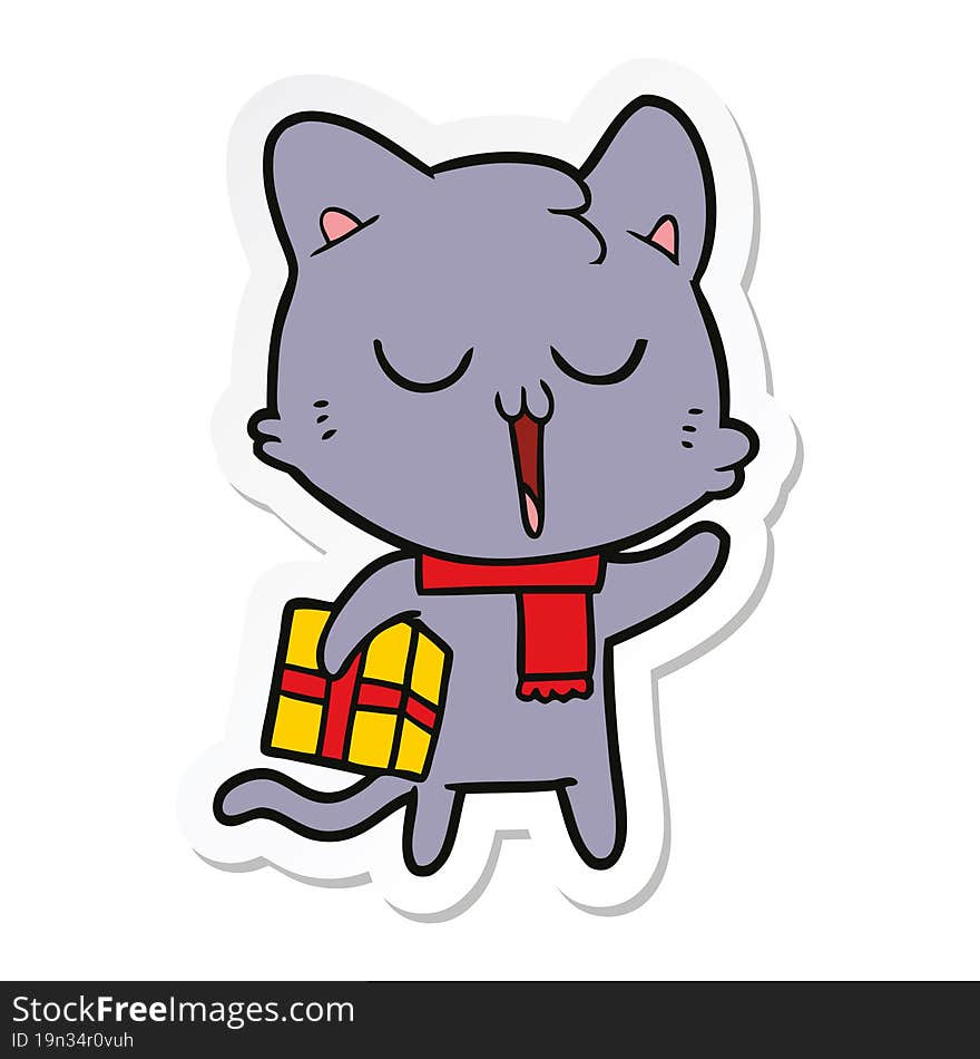 sticker of a cartoon cat with gift