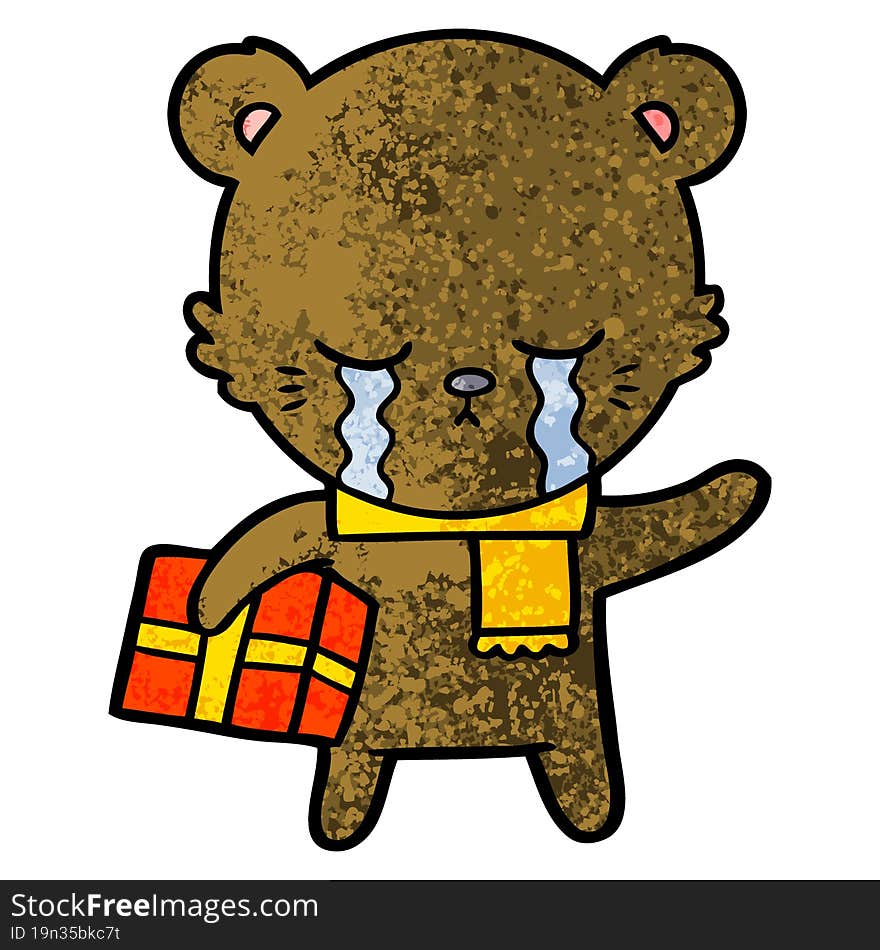 crying cartoon bear with present. crying cartoon bear with present