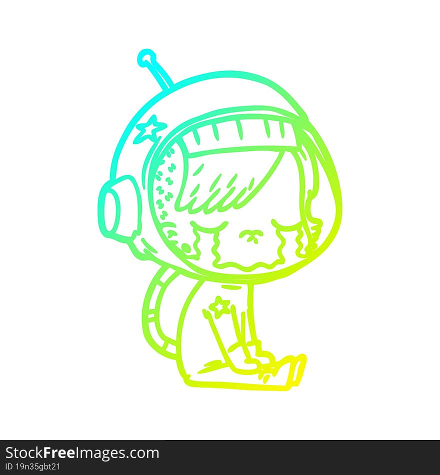 cold gradient line drawing cartoon crying astronaut girl sitting