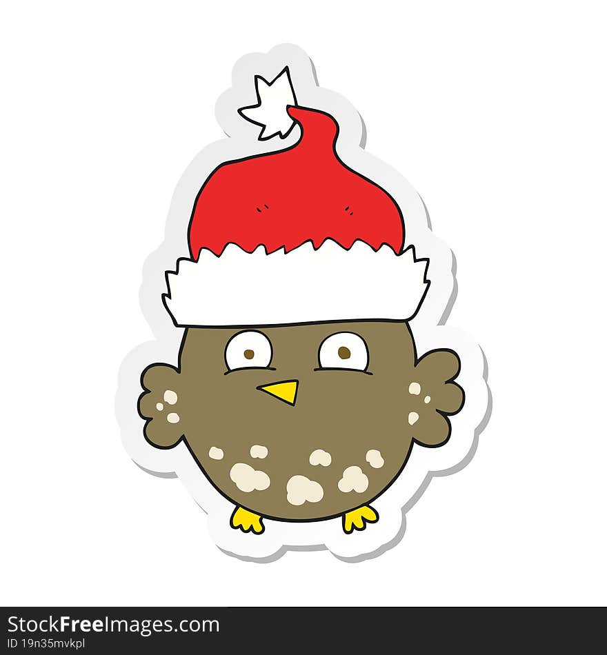 Sticker Of A Cartoon Owl Wearing Christmas Hat