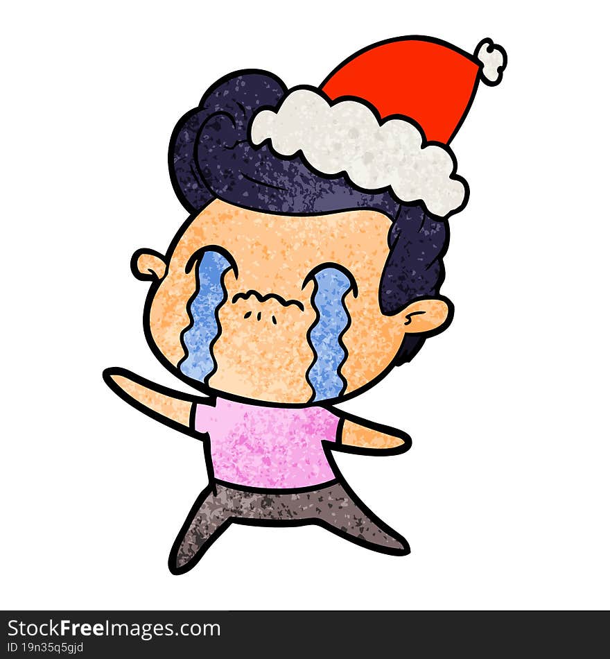 textured cartoon of a man crying wearing santa hat