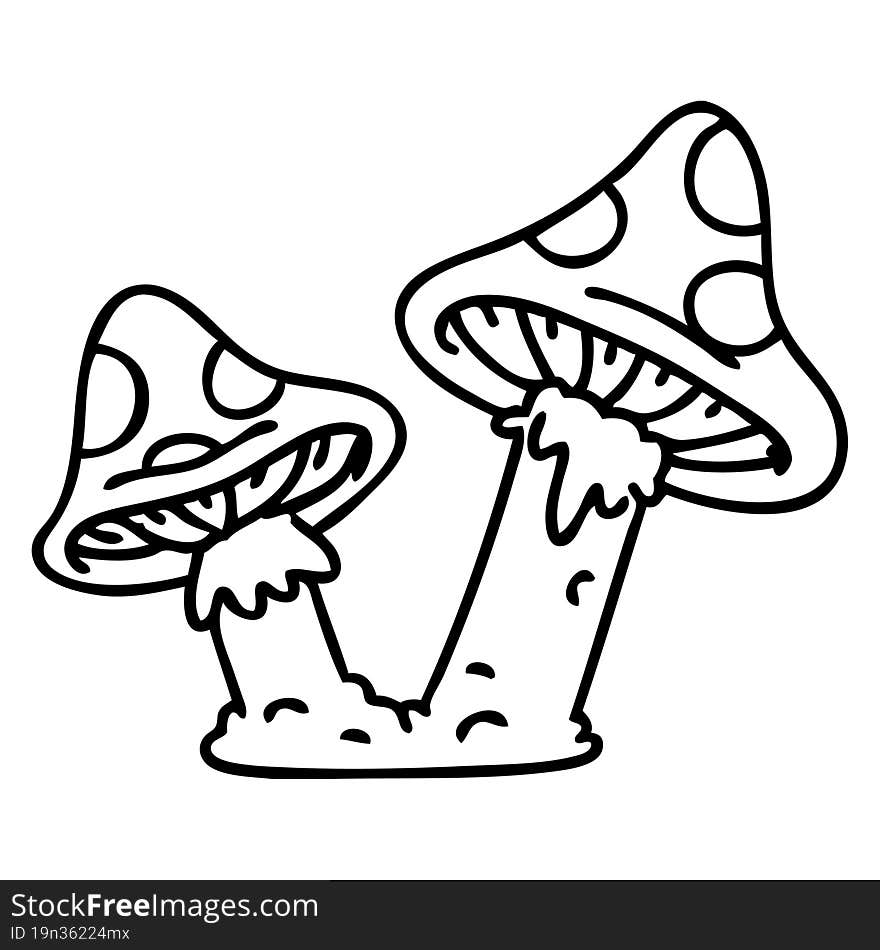 line doodle of a pair of poisonous mushrooms. line doodle of a pair of poisonous mushrooms