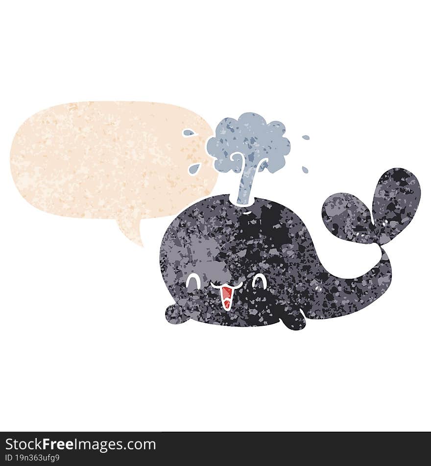 cartoon whale and speech bubble in retro textured style