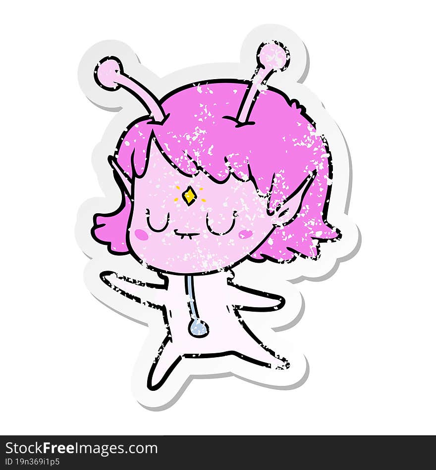 distressed sticker of a cartoon alien girl