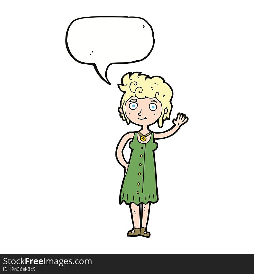 cartoon hippie woman waving with speech bubble