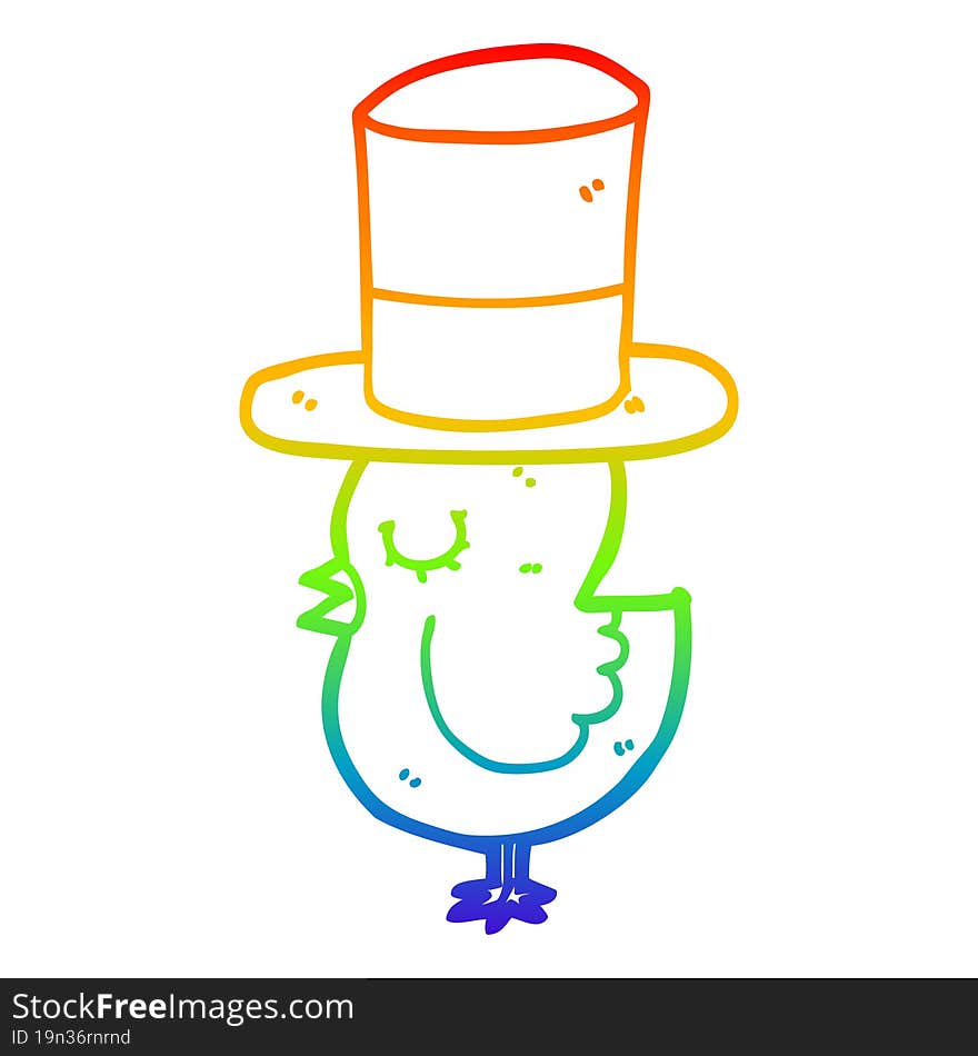 rainbow gradient line drawing of a cartoon bird wearing top hat