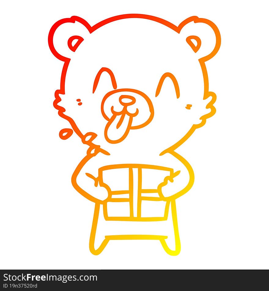 warm gradient line drawing rude cartoon polar bear sticking out tongue with present