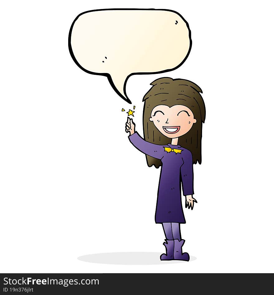 cartoon friendly witch girl with speech bubble