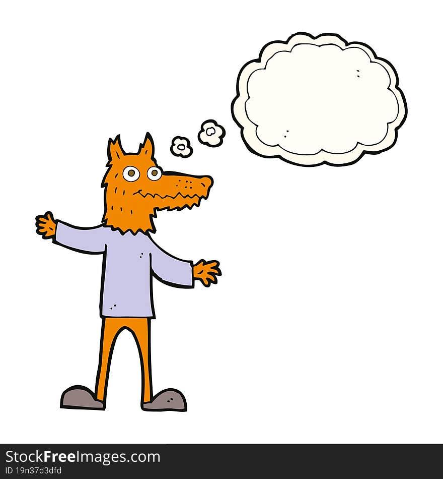 cartoon fox man with thought bubble